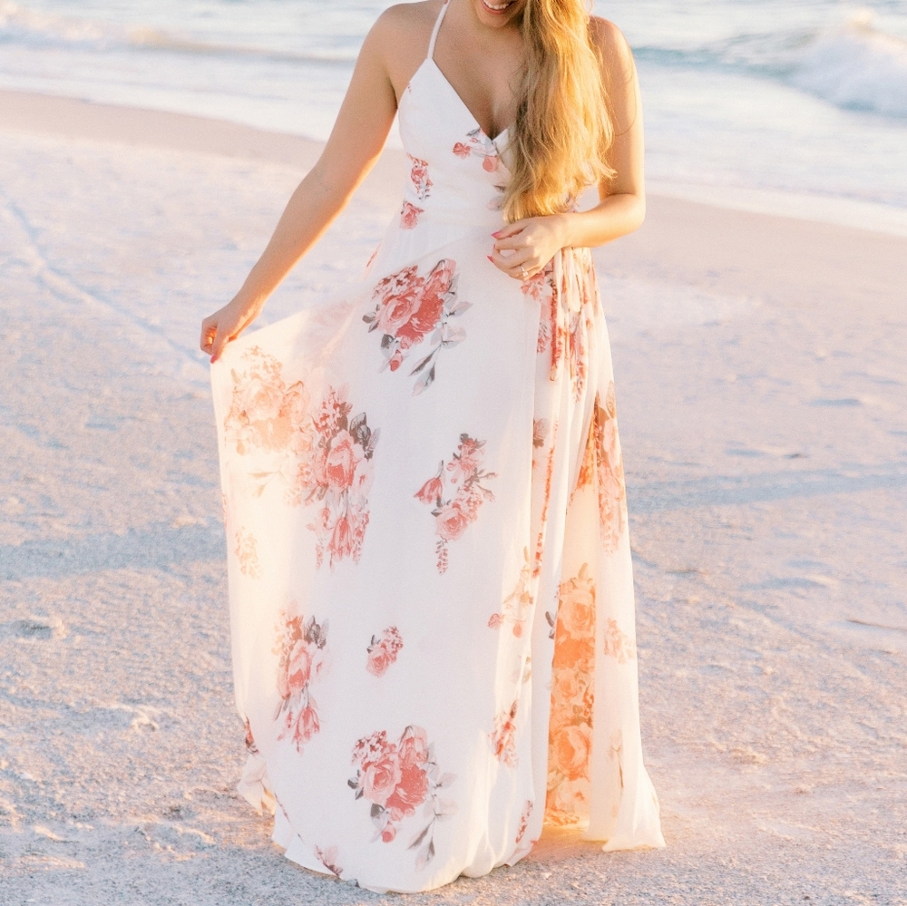 Lulu's cream and blush floral print wrap maxi dress